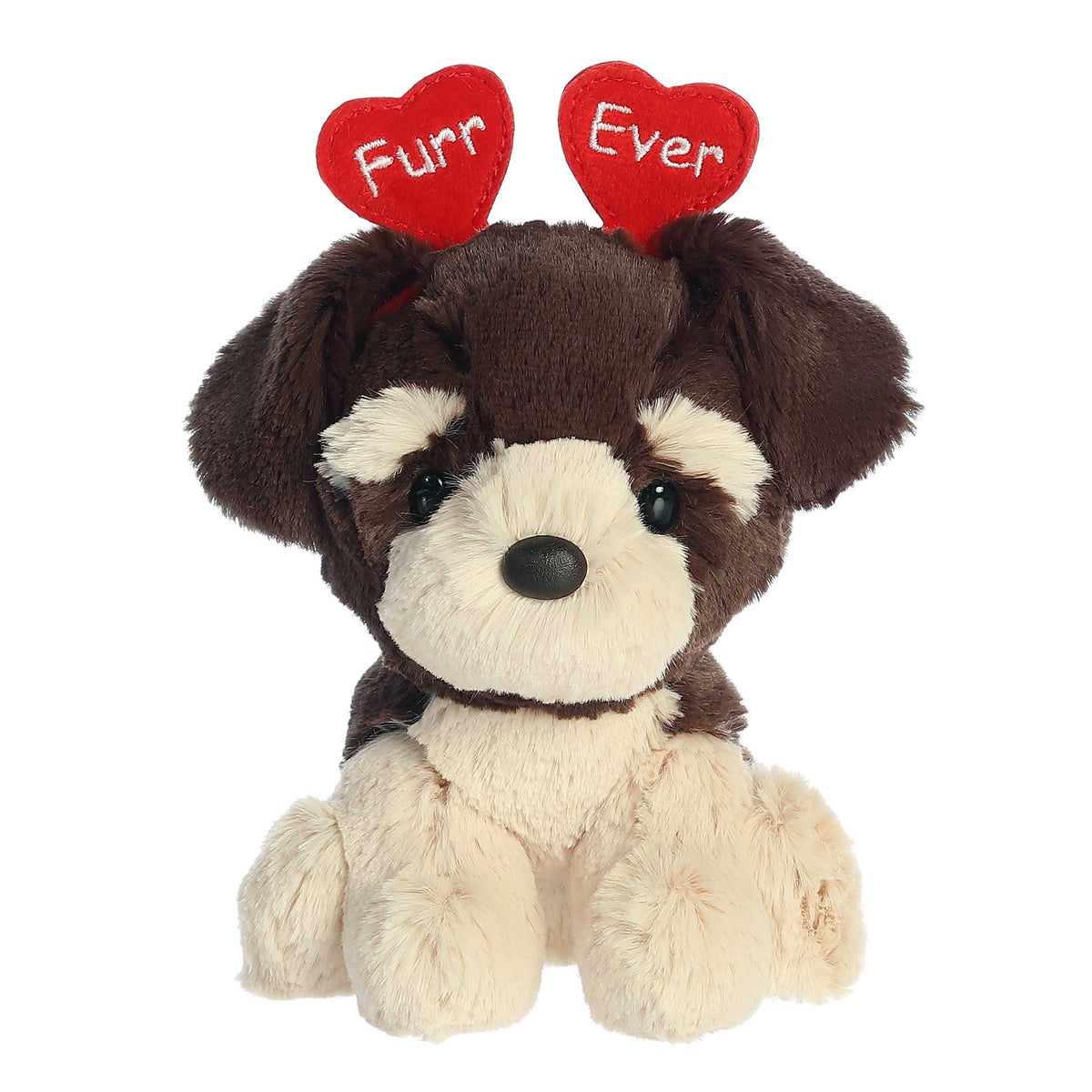 Rottweiler plush from Love On The Mind, with a heart headband and loving expression saying "Furr Ever" for Valentine's Day
