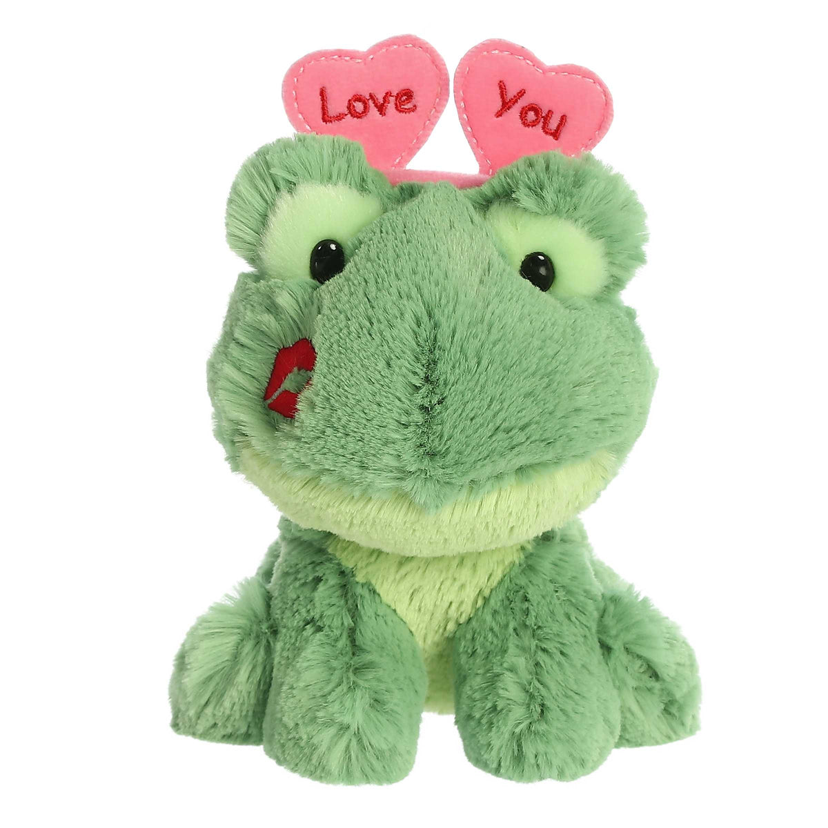 Green Love You Frog plush from Love On The Mind, with a red lipstick kiss and cute 'Love You' heart headband