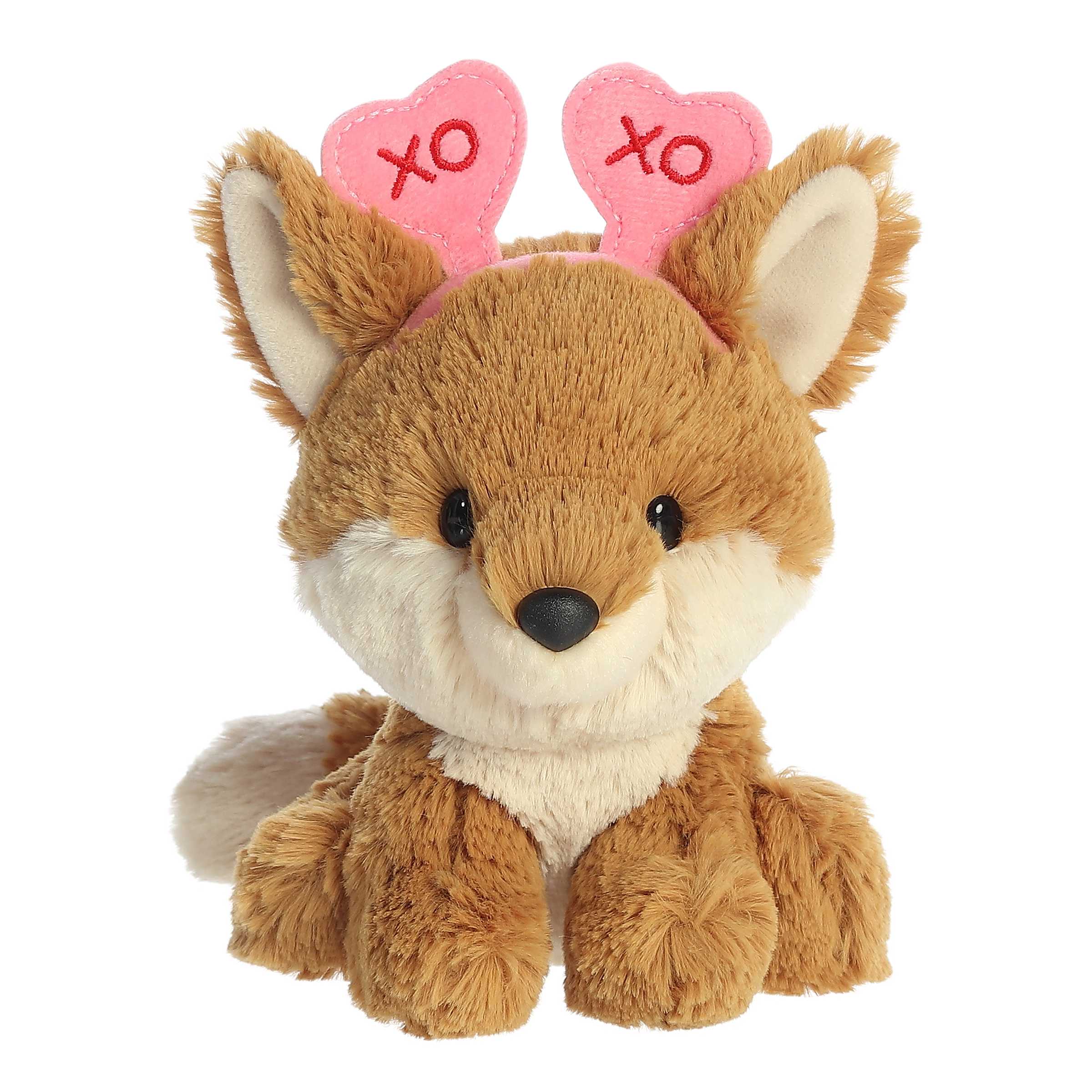 Fox plush from Love On The Mind with a heart-themed 'XOXO' headband, showcasing a charm perfect for Valentine's day