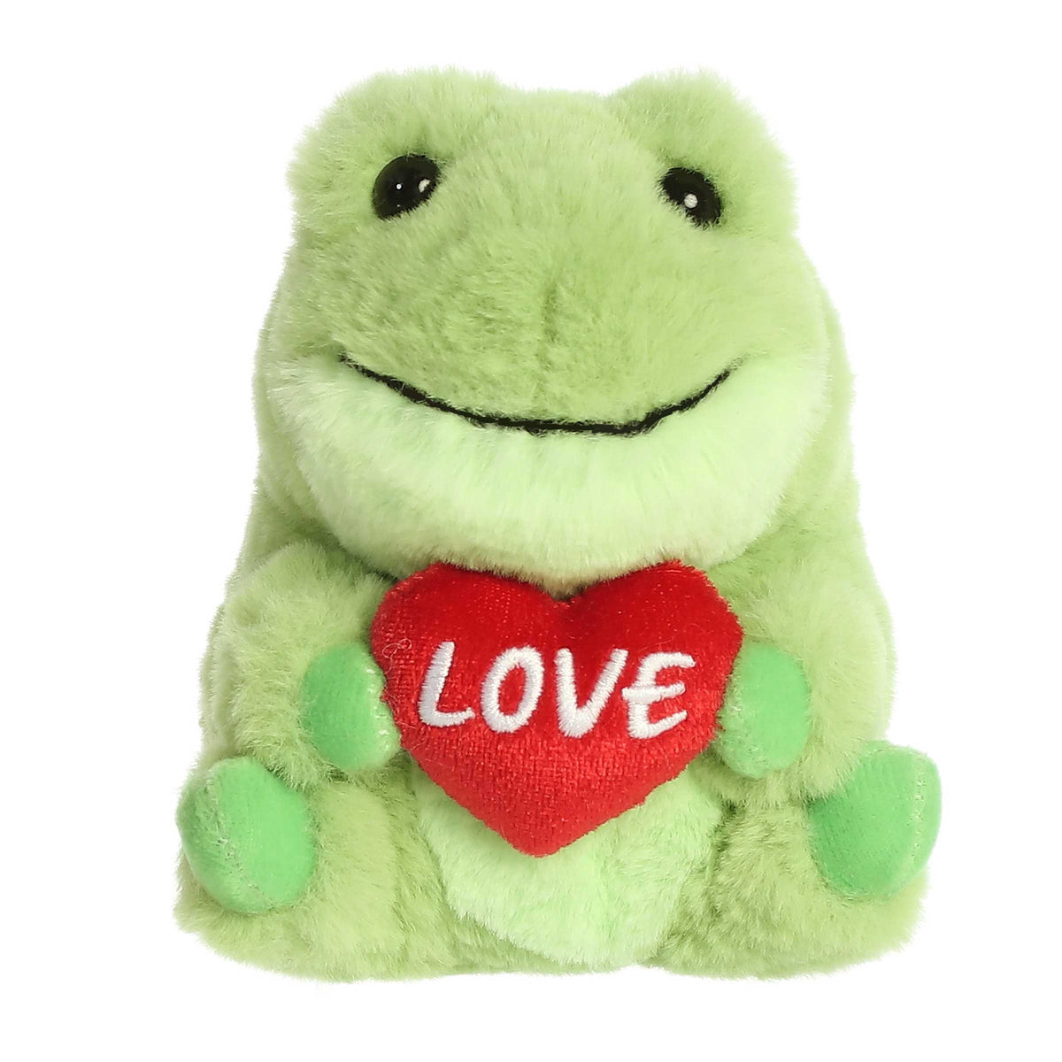 Green Love Frog plush from Rolly Pets, holding a ‘Love’ heart, in a playful pose. Perfect for Valentine's Day cuddles