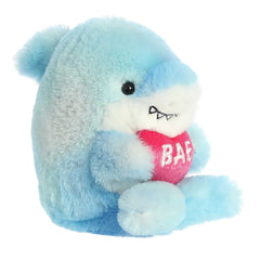 Oceanic blue Bae Shark plush from Rolly Pets, holding a 'Bae' heart, in a playful pose, perfect Valentine's Day gift
