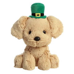 St. Patrick Golden Lab plush seated gracefully, wearing a festive Irish top hat, embodying the spirit of celebration.