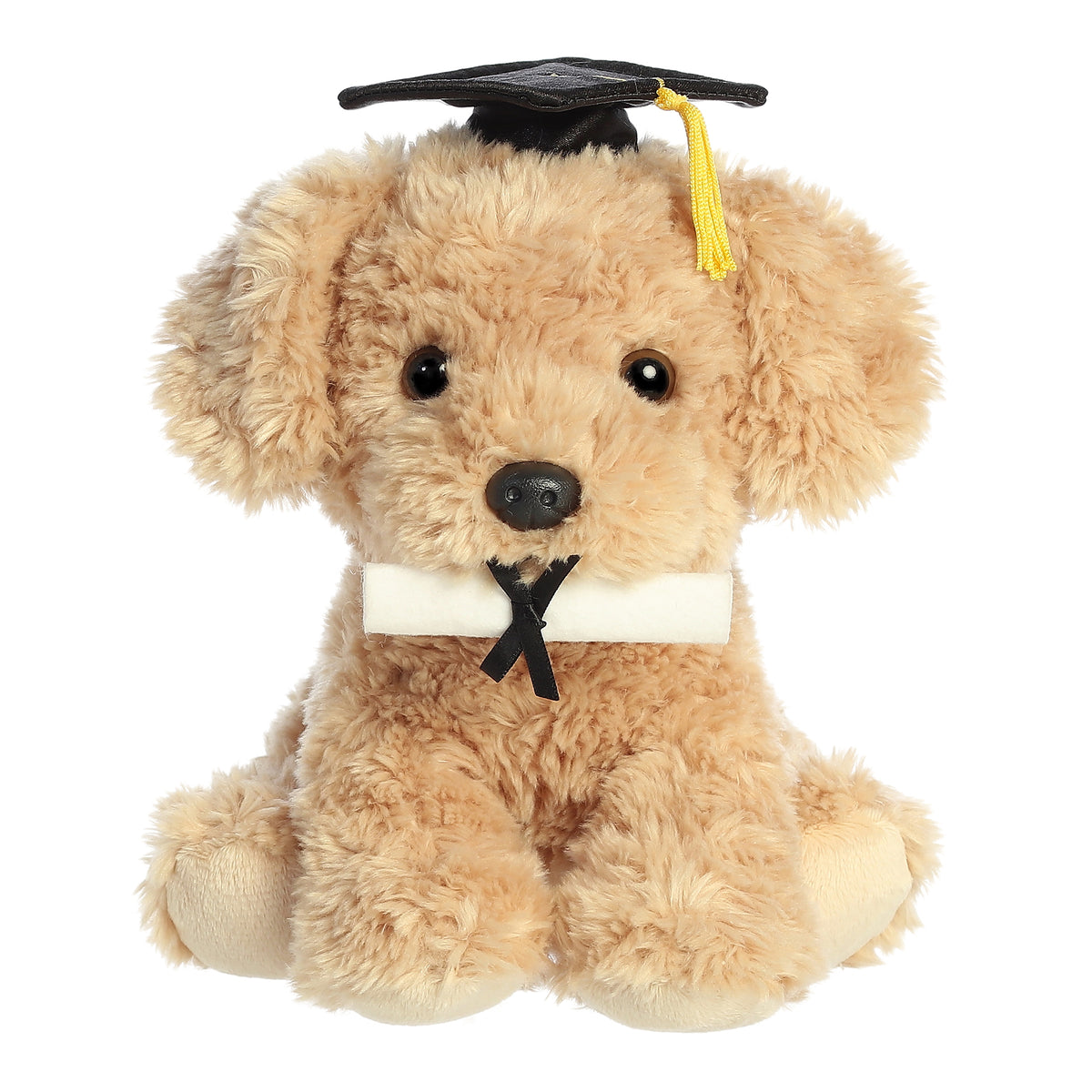 Aurora Graduation Pup Plush in cap, holding diploma, symbolizes academic achievement