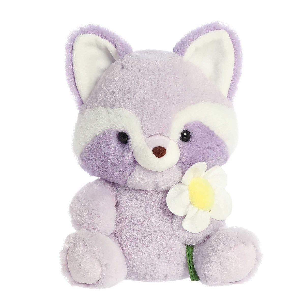 Raccoon plush from Aurora's Spring Collection, with soft lavender fur, a white belly, and holding a cheerful daisy