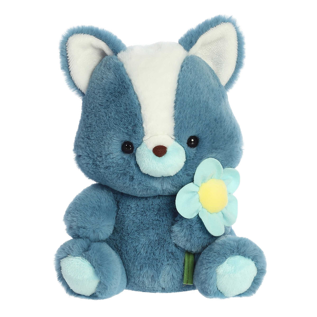 Woodland Friends Skunk plush from Aurora's Spring Collection, with plush blue fur and holding a charming blue daisy