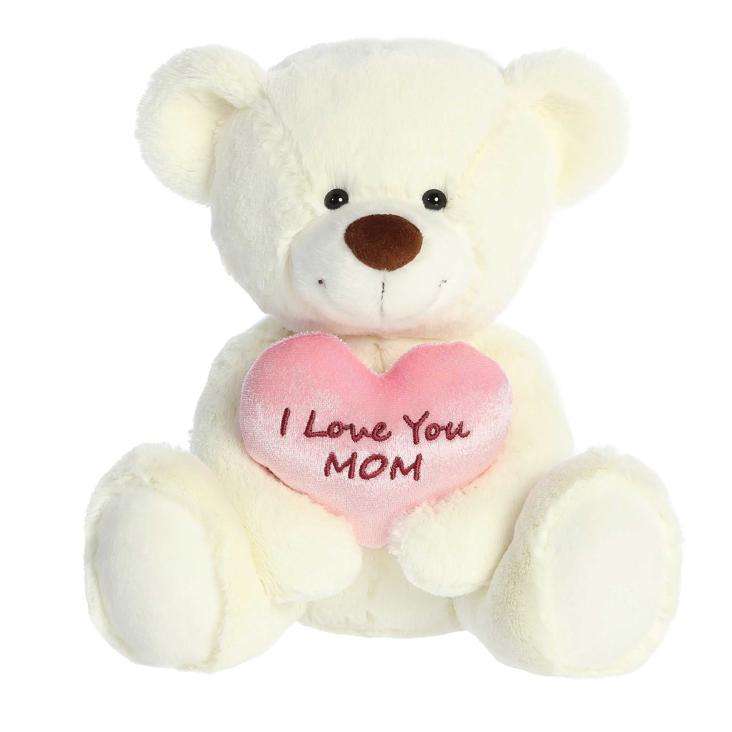 I Love You Mom Bear plush by Aurora stuffed animals, holding a plush heart, ideal Mother's Day gift
