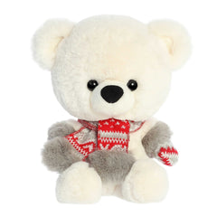 Adorable white teddy bear with large head and big eyes, wearing red and gray scarf for a touch of seasonal charm