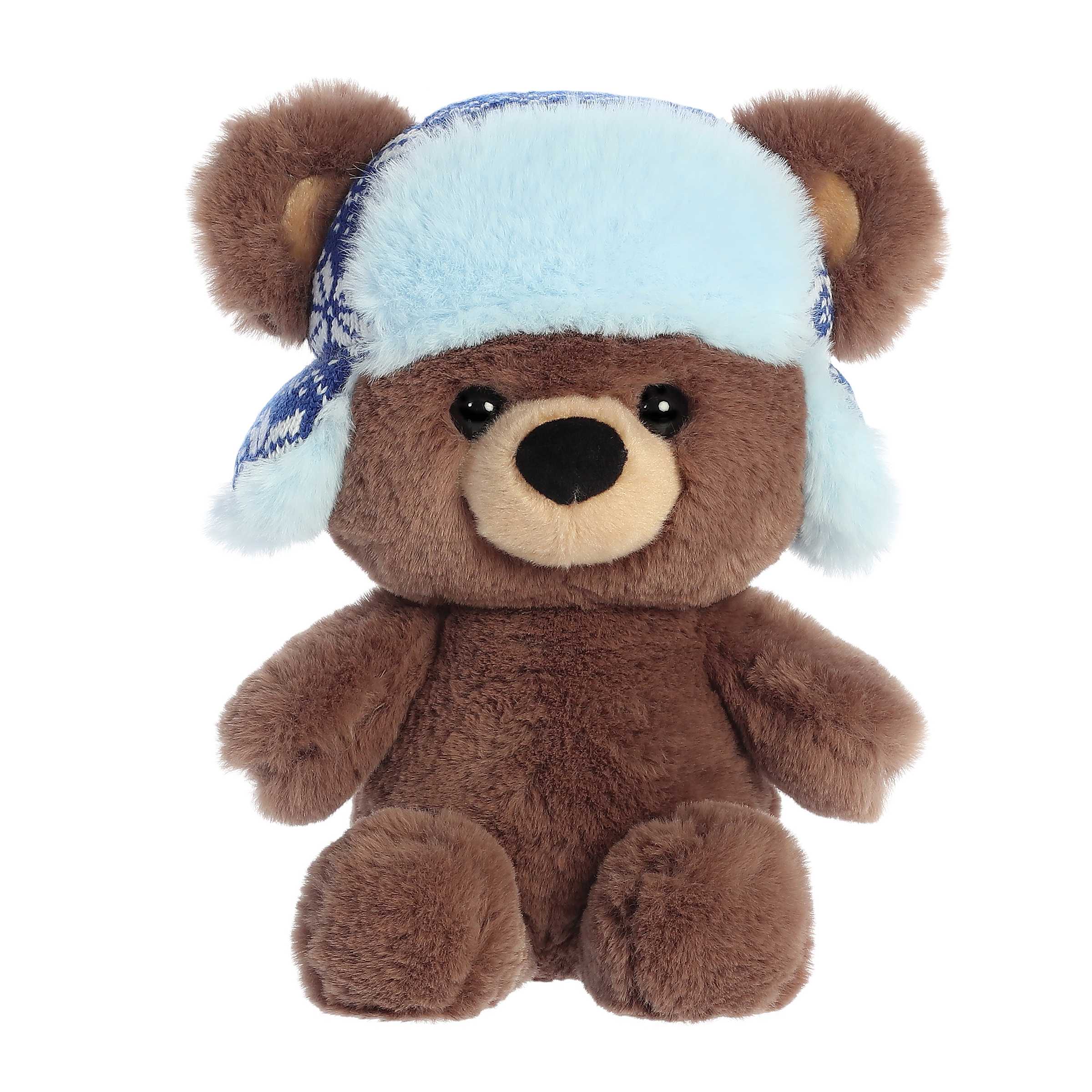 Sweet coffee-colored teddy bear with large head and big eyes, wearing a blue winter trapper hat