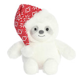 Cuddly white sloth with red and white knit sweater pattern on the legs and a matching non-detachable Santa hat