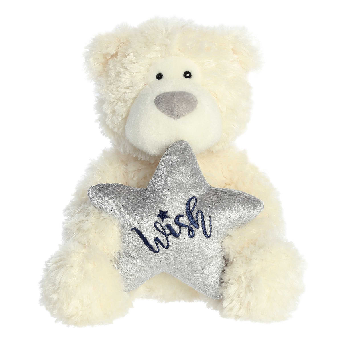 Soft and cuddly white teddy bear with non-detachable shiny silver star embroidered across with 'Wish'