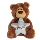 Soft and cuddly caramel brown teddy bear with non-detachable shiny silver star embroidered across with 'Peace'