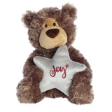 Soft and cuddly mocha brown teddy bear with non-detachable shiny silver star embroidered across with 'Joy'