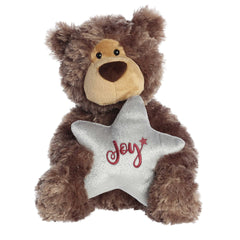 Soft and cuddly mocha brown teddy bear with non-detachable shiny silver star embroidered across with 'Joy'