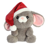 Gray mouse stuffed animal looking up with endering eyes wearing a Santa hat that slides off one side of its big head