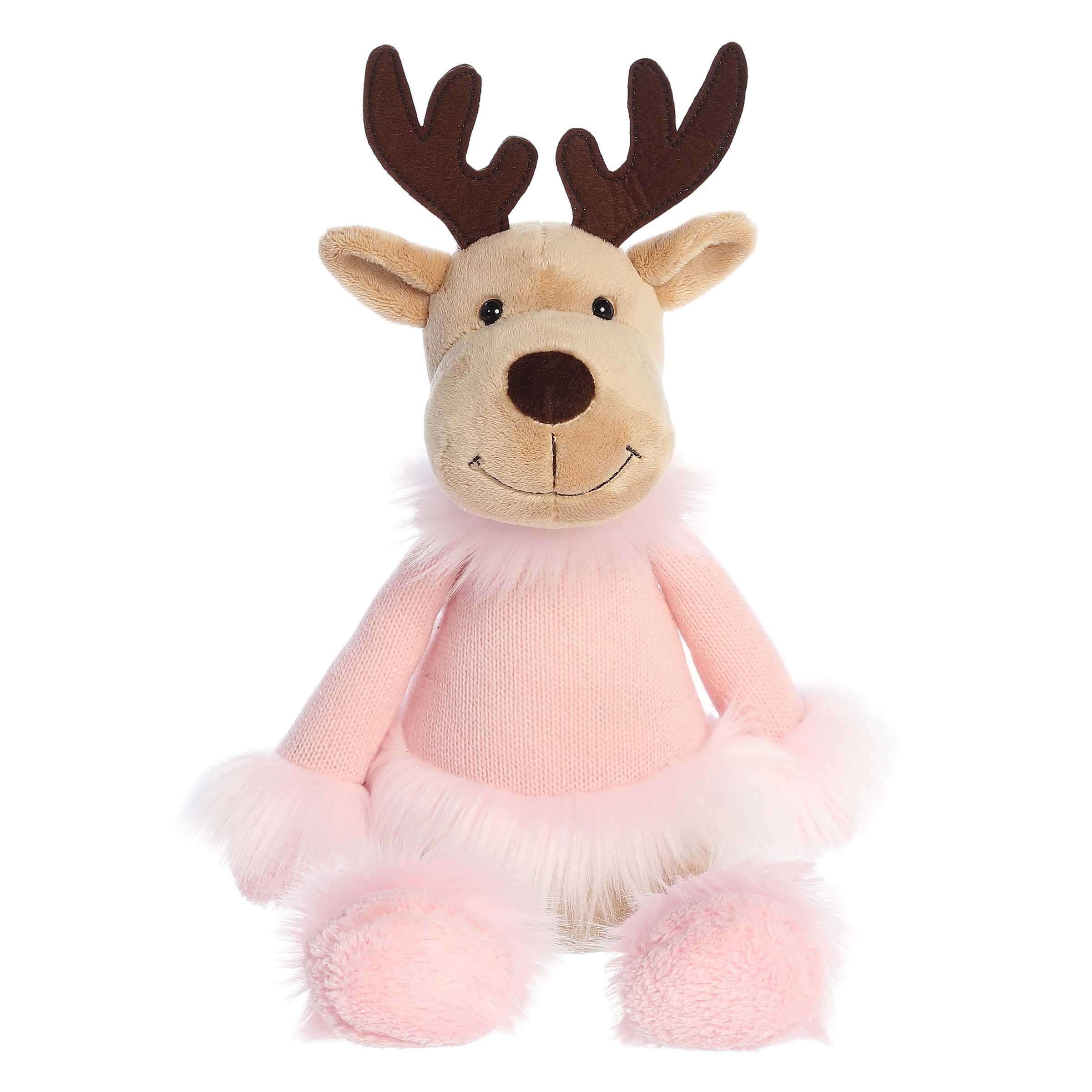 Brown deer stuffed animal with huggable long arms and legs, dressed in all-pink with fuzzy fur on the cuffs and collar
