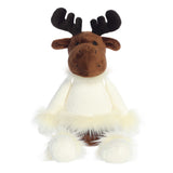 Brown moose stuffed animal with huggable long arms and legs, dressed in all-white with fuzzy fur on the cuffs and collar