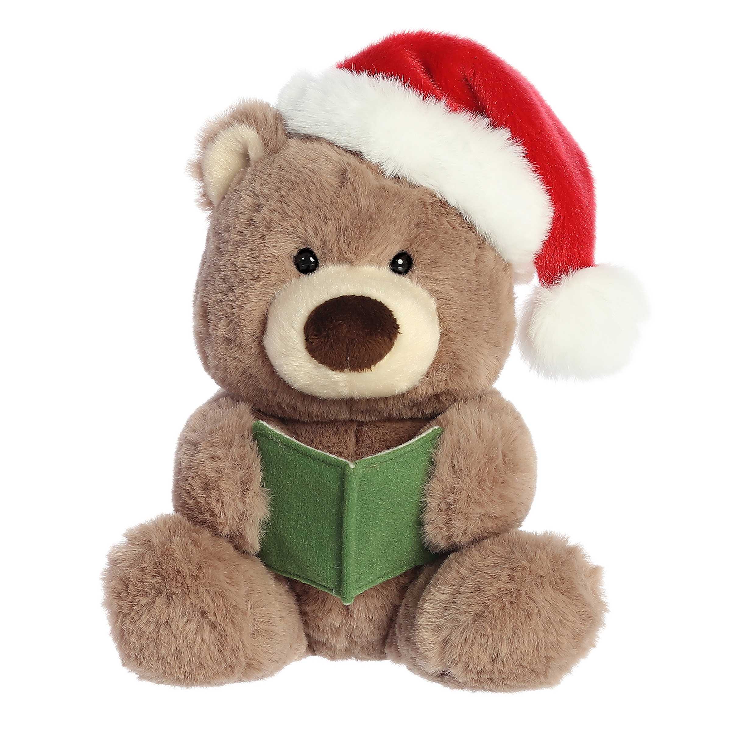 Adorable light brown teddy bear wearing a cute non-detachable Santa hat and holding a green non-detachable songbook
