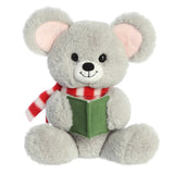 Adorable gray mouse stuffed animal wearing a cozy red and white striped scarf and holding an open green songbook
