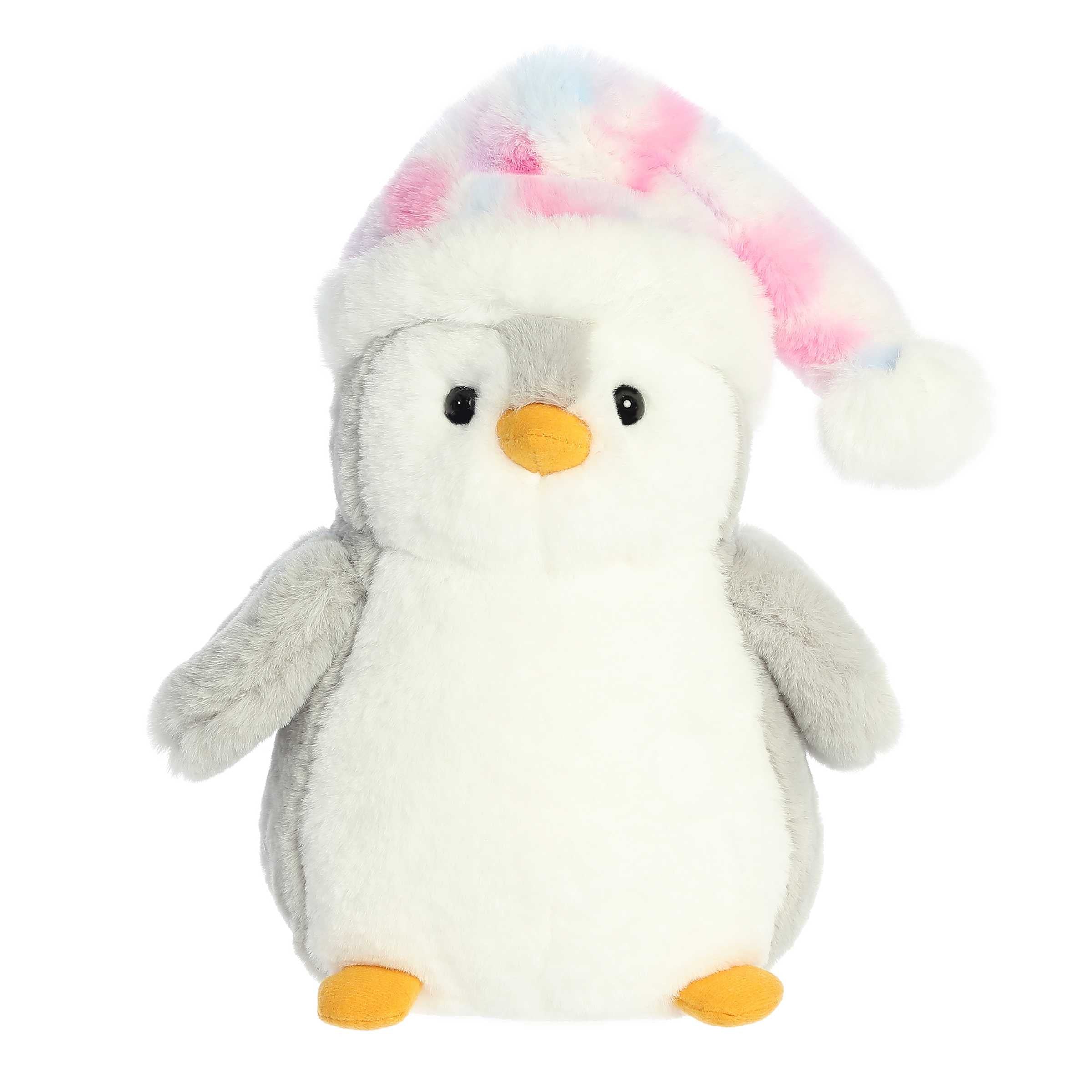 Gray back and white front stubby penguin stuffed animal wearing a light pink tie dye santa hat