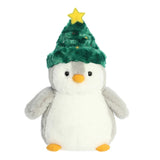 Gray back and white front stubby penguin stuffed animal wearing a green Christmas tree hat with a yellow star on top