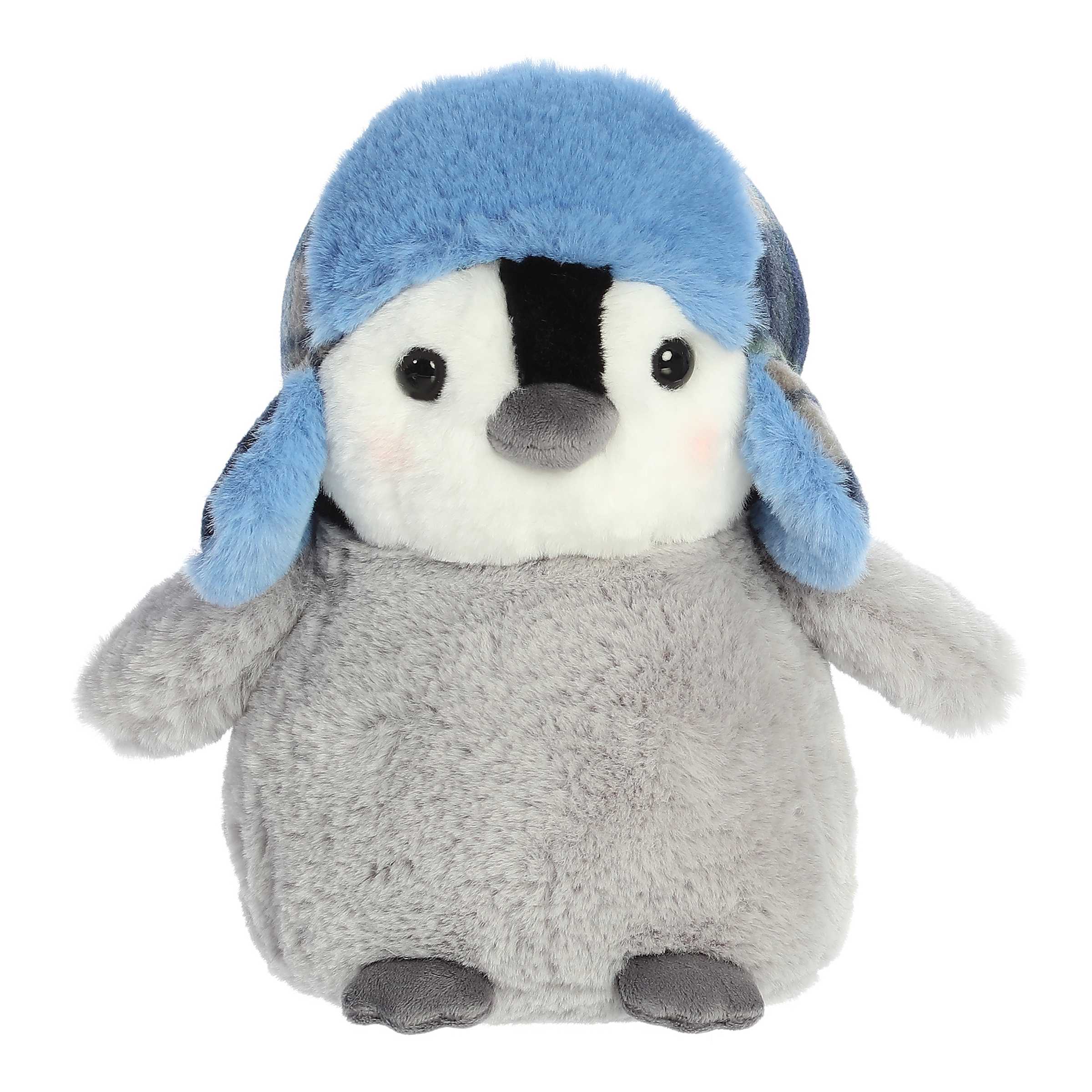 Adorable little gray chick stuffed animal with light pink cheeks wearing a non-detachable blue winter trapper hat