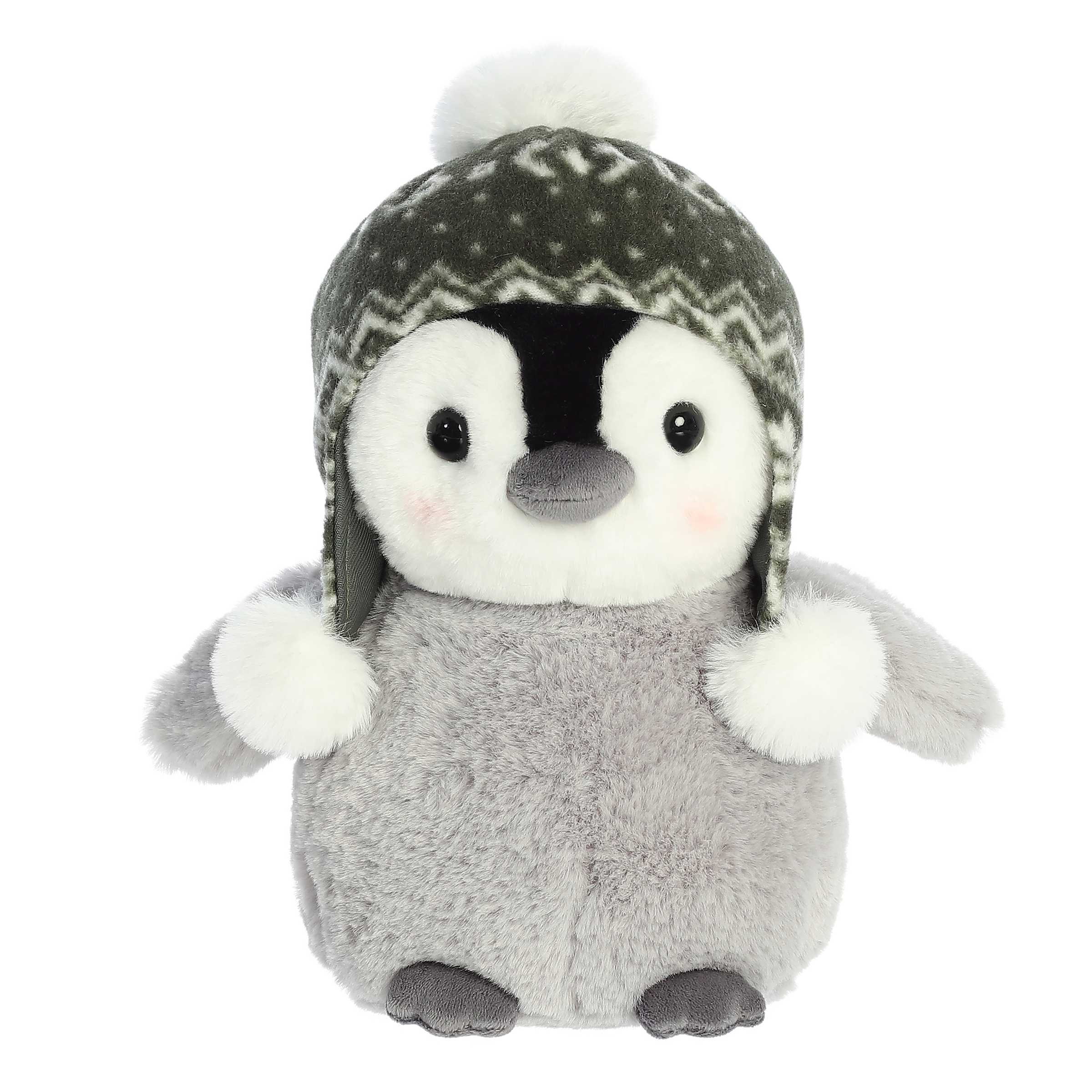 Adorable baby gray penguin chick stuffed animal with blushed cheeks wearing a black and white winter beanie
