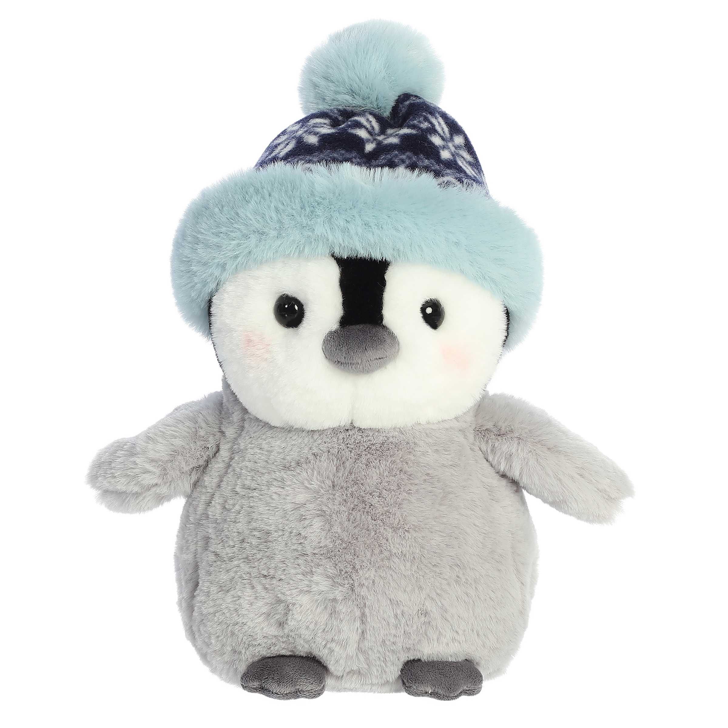 Adorable baby gray penguin chick stuffed animal with blushed cheeks wearing a blue winter beanie