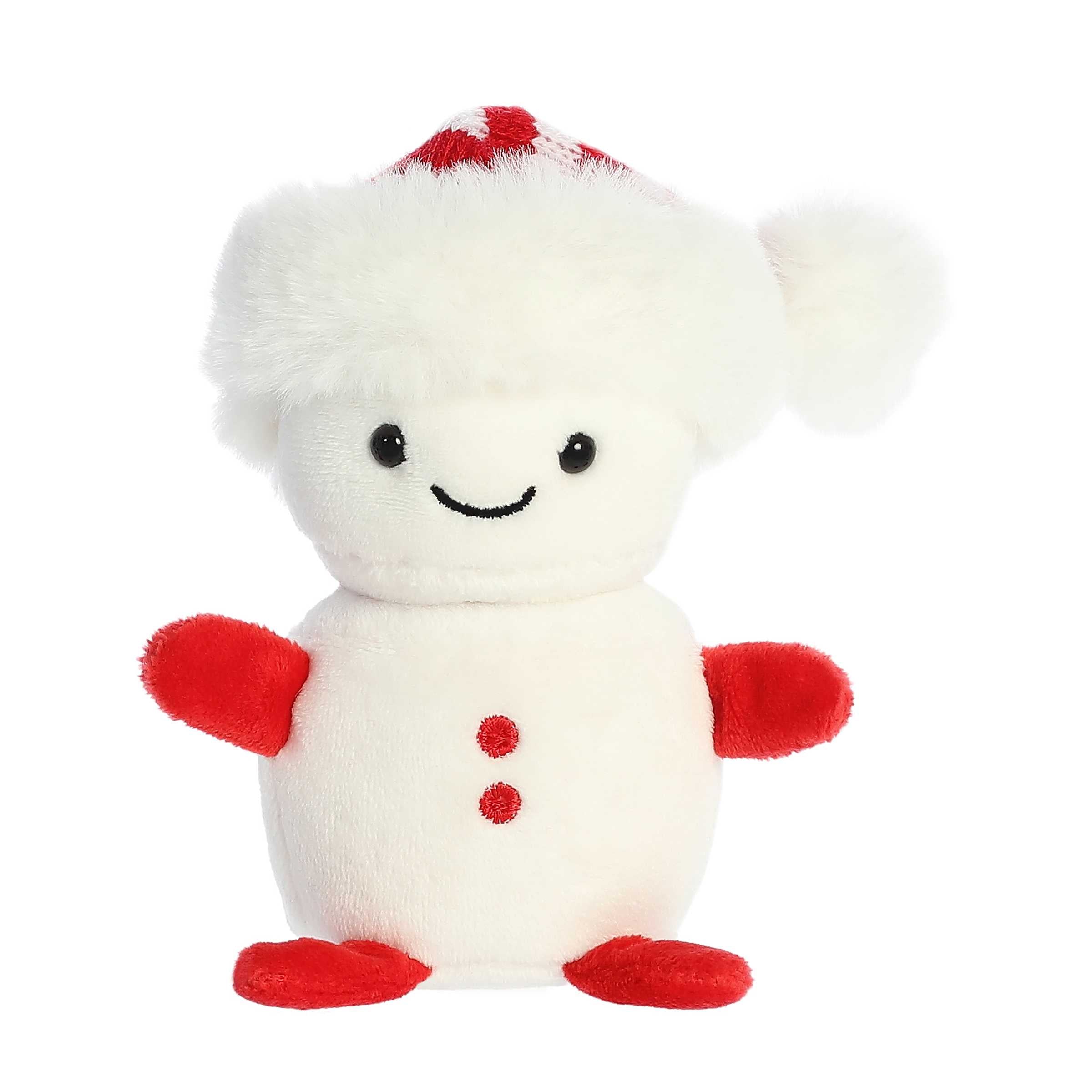 Smiling mini white snowman plushie with tiny red arms and legs wearing a red and white striped santa hat