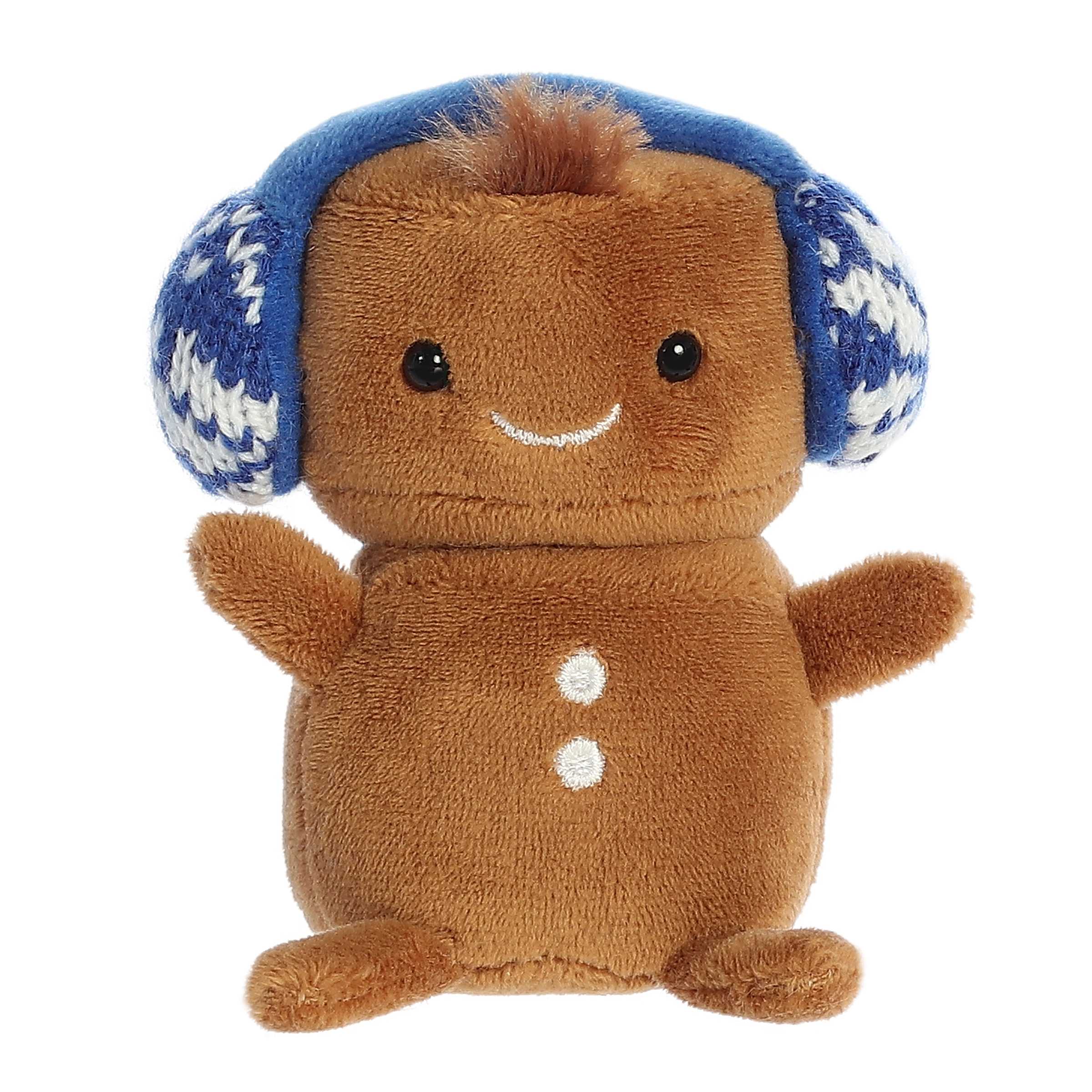 Smiling mini brown gingerbread man plush toy with tiny arms wearing non-detachable blue sweater patterned earmuff