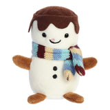 Happy mini white snowman plush toy with chocolate spilling from their head, tiny arms and legs, and a striped winter scarf.