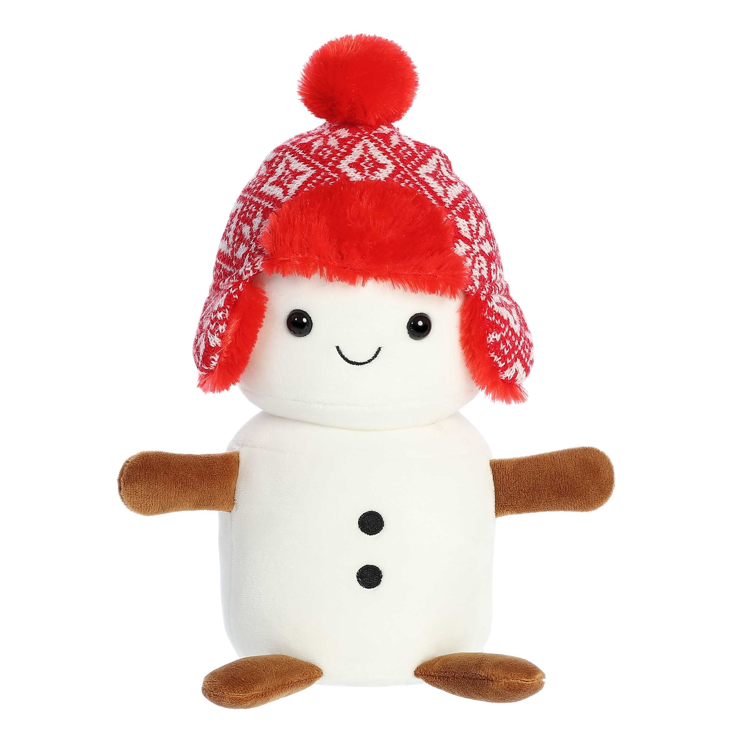 Smiling mini white snowman plushie with tiny arms and legs wearing a red knit winter beanie with a pompom on top
