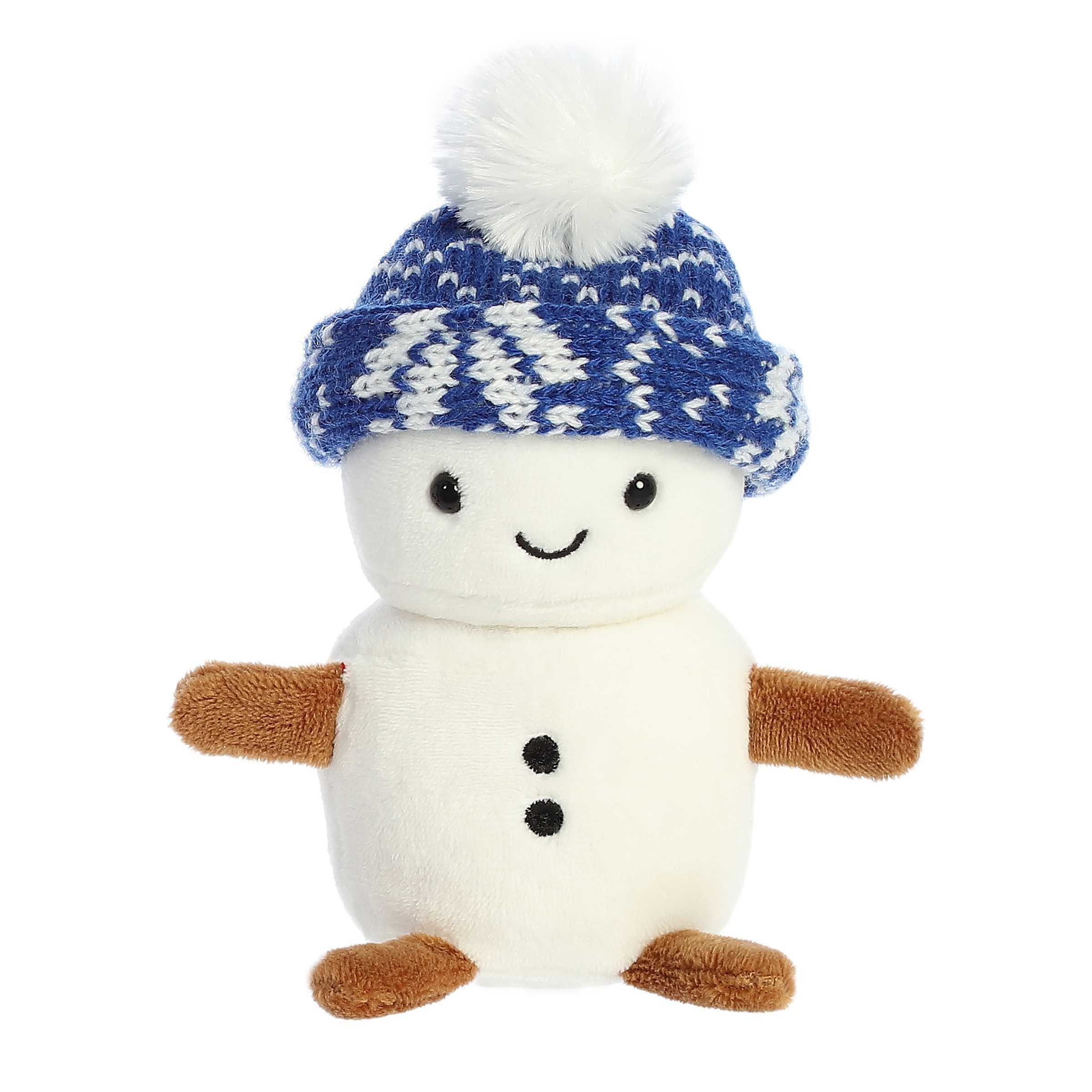 Smiling mini white snowman plushie with tiny brown arms and legs wearing a blue sweater print winter pom hat