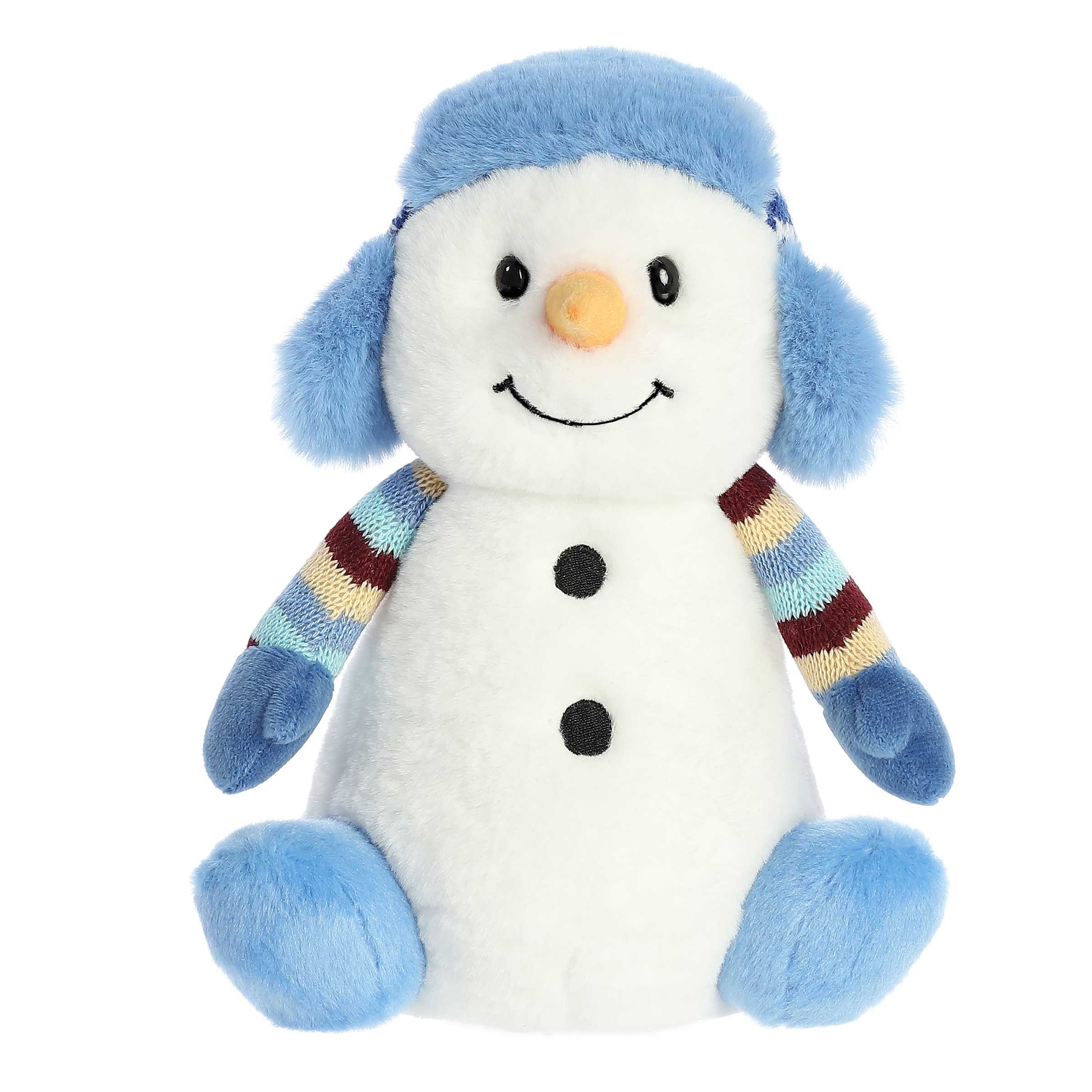 Smiling white snowman plushie with small arms and legs wearing cozy blue gloves, a carrot nose, and winter trapper hat