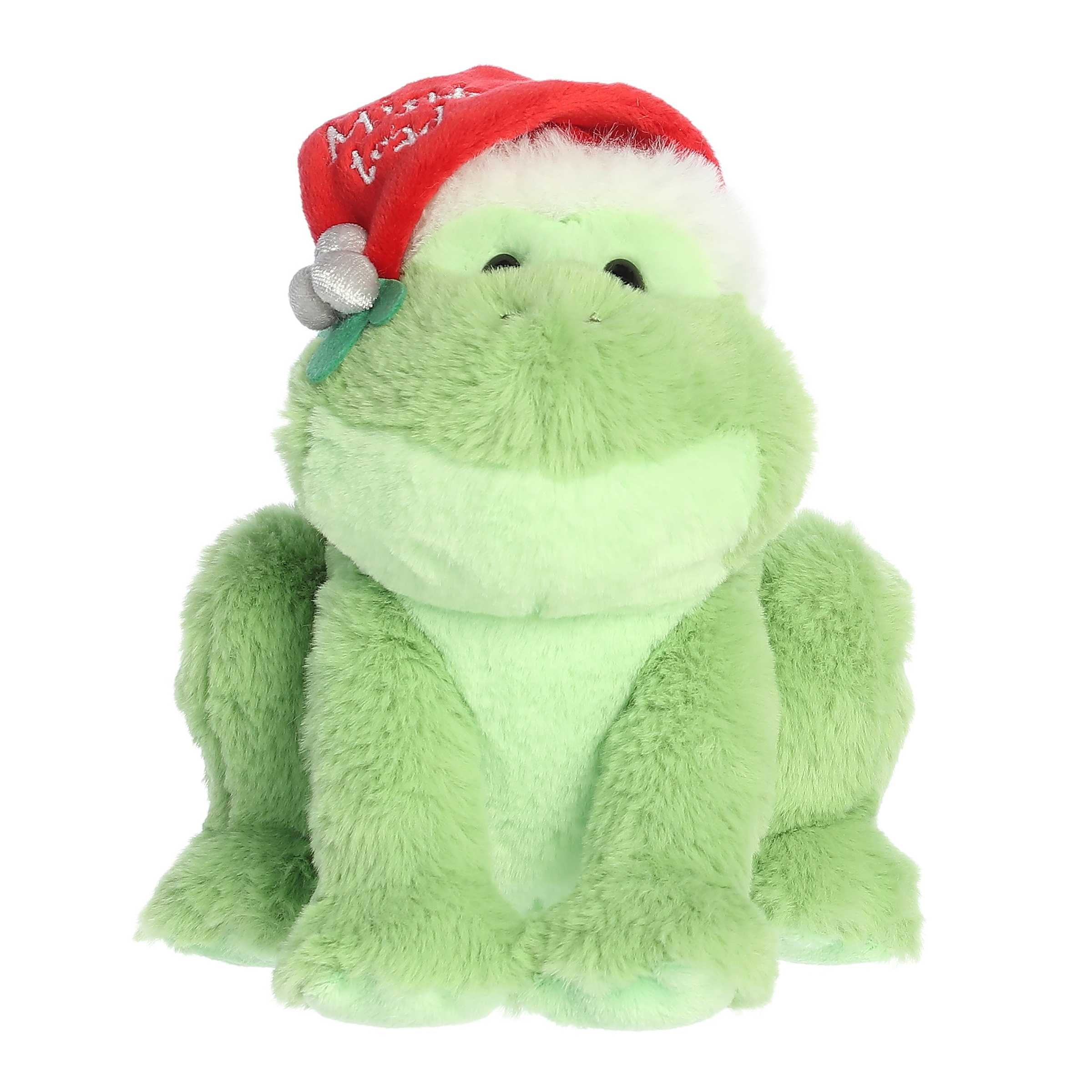Happy light green toad stuffed animal wearing a non-detachable red Santa hat with "Mistle-toad" embroidered on it