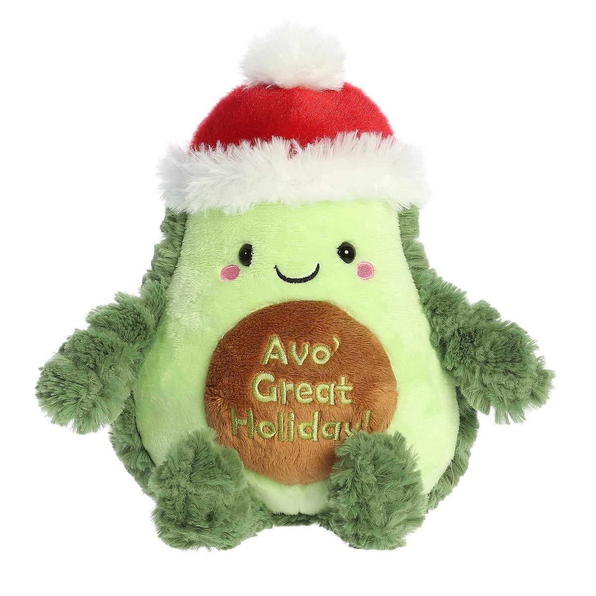 Avocado plush toy with textured green exterior and lighter softer interior wearing a santa hat embroidered with "Avo' Great Holiday" on its pit
