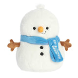 Happy adorable snowman plush toy with stick arms wearing a blue scarf with an embroidered phrase, "Up to snow good"
