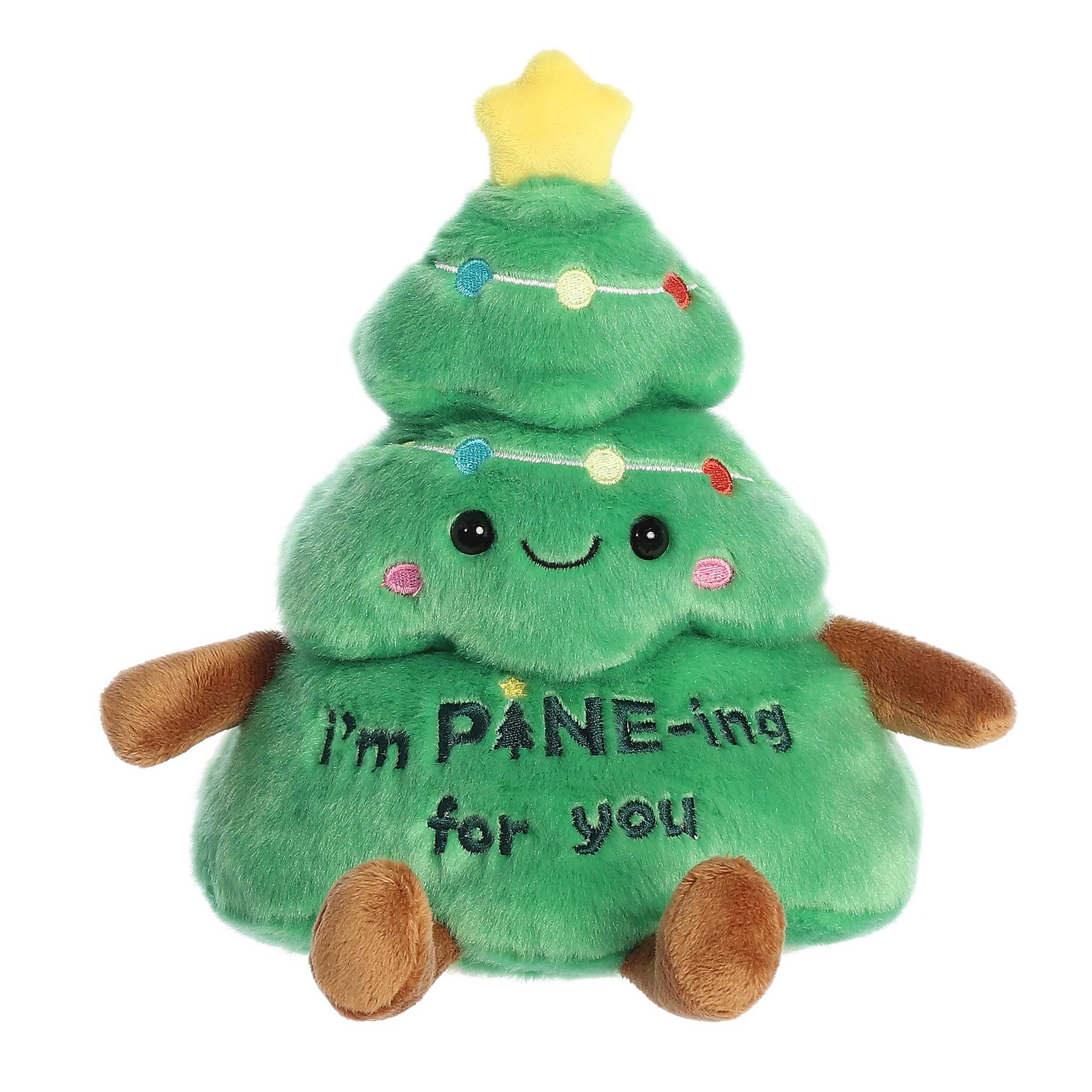Adorable happy Christmas tree plush toy with festive Christmas lights and a star on top. Embroidered phrase across the base of the tree reading "I'm PINE-ing for you"