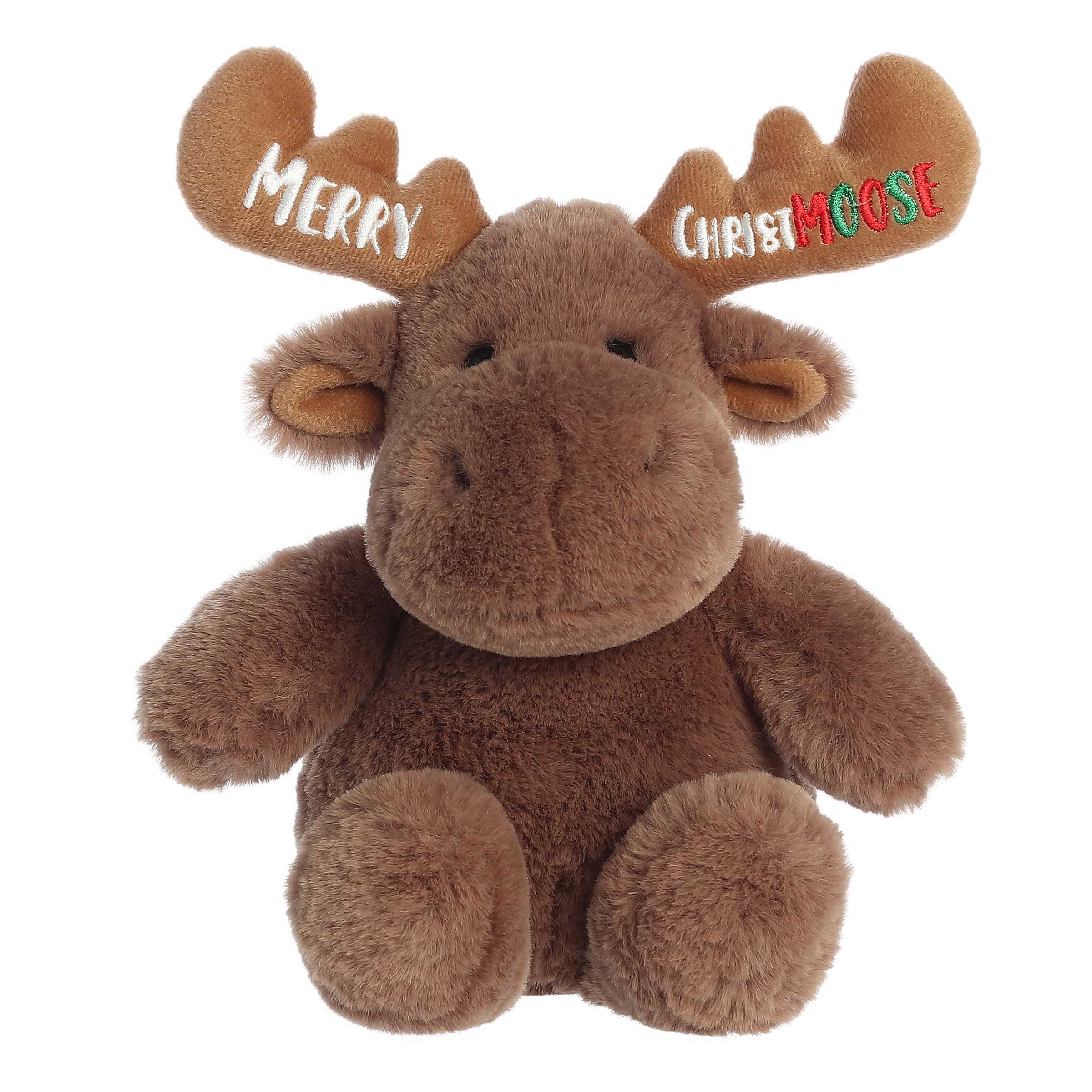 Adorable brown moose stuffed animal with giant antlers embroidered with the phrase "Merry Christ-MOOSE"