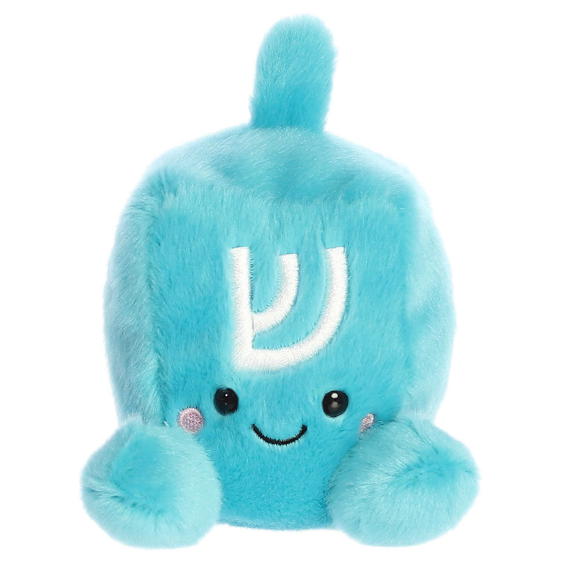 Adorable, happy, mini blue dreidel plush toy sitting with Hebrew letters embroidered on each side