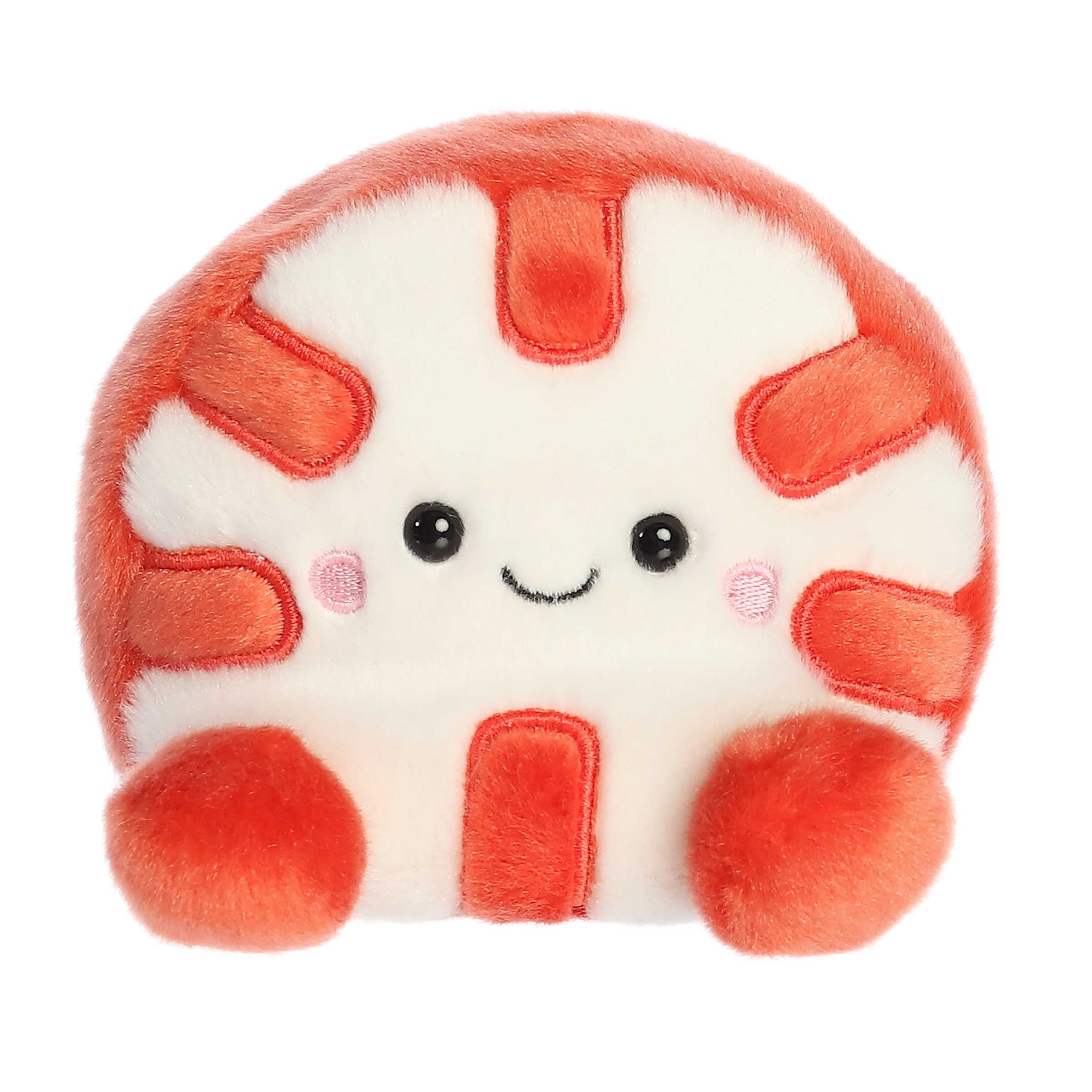 Adorable, happy, mini peppermint candy plush toy sitting with red and white swirls going almost into the middle