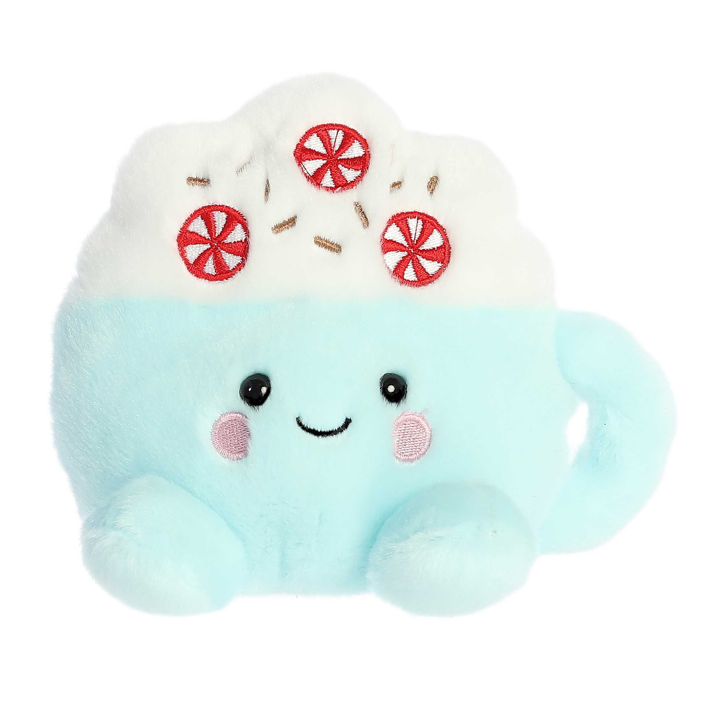 Adorable, happy peppermint latte plush toy in a blue mug topped with whipped cream and tiny embroidered peppermints