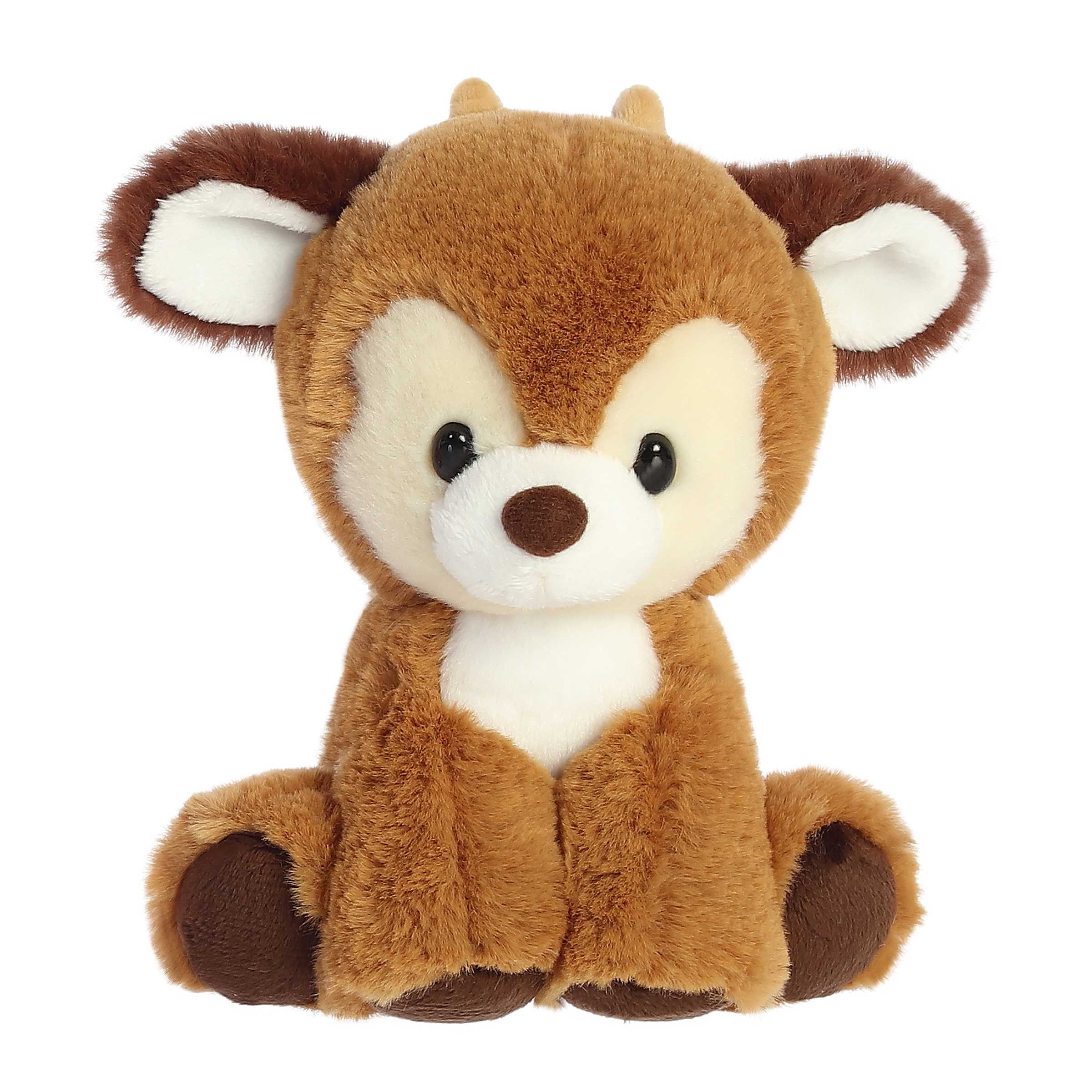 Adorable brown reindeer plush toy in a sitting position with tiny horns and dark brown accents on the ears and feet pads