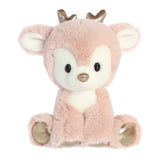 Adorable pink reindeer plush toy in a sitting position and gold accents on the tiny horns and feet pads