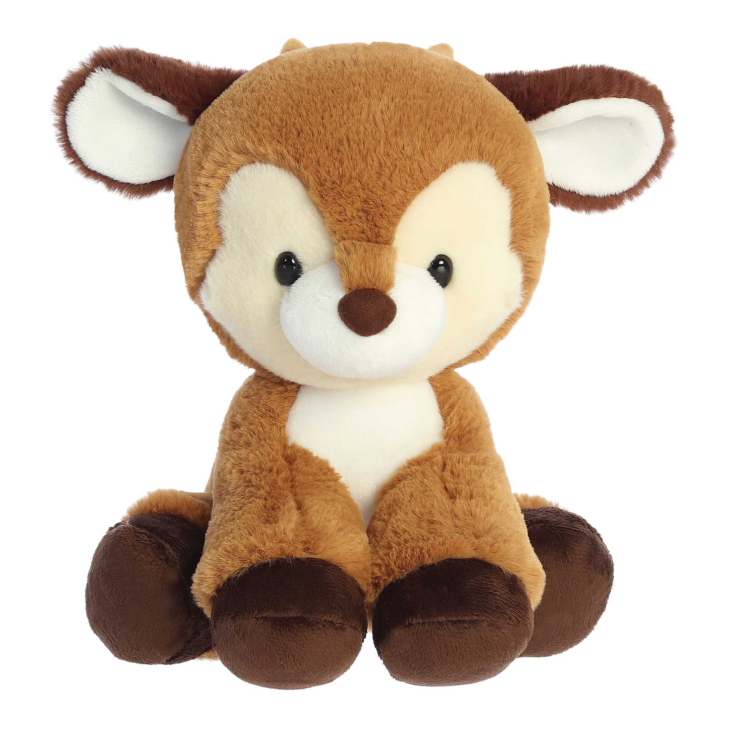 Adorable brown reindeer plush toy in a sitting position with tiny horns and dark brown accents on the ears and feet pads