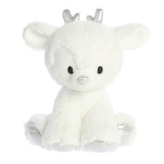 Adorable white reindeer plush toy in a sitting position and silver accents on the tiny horns and feet pads