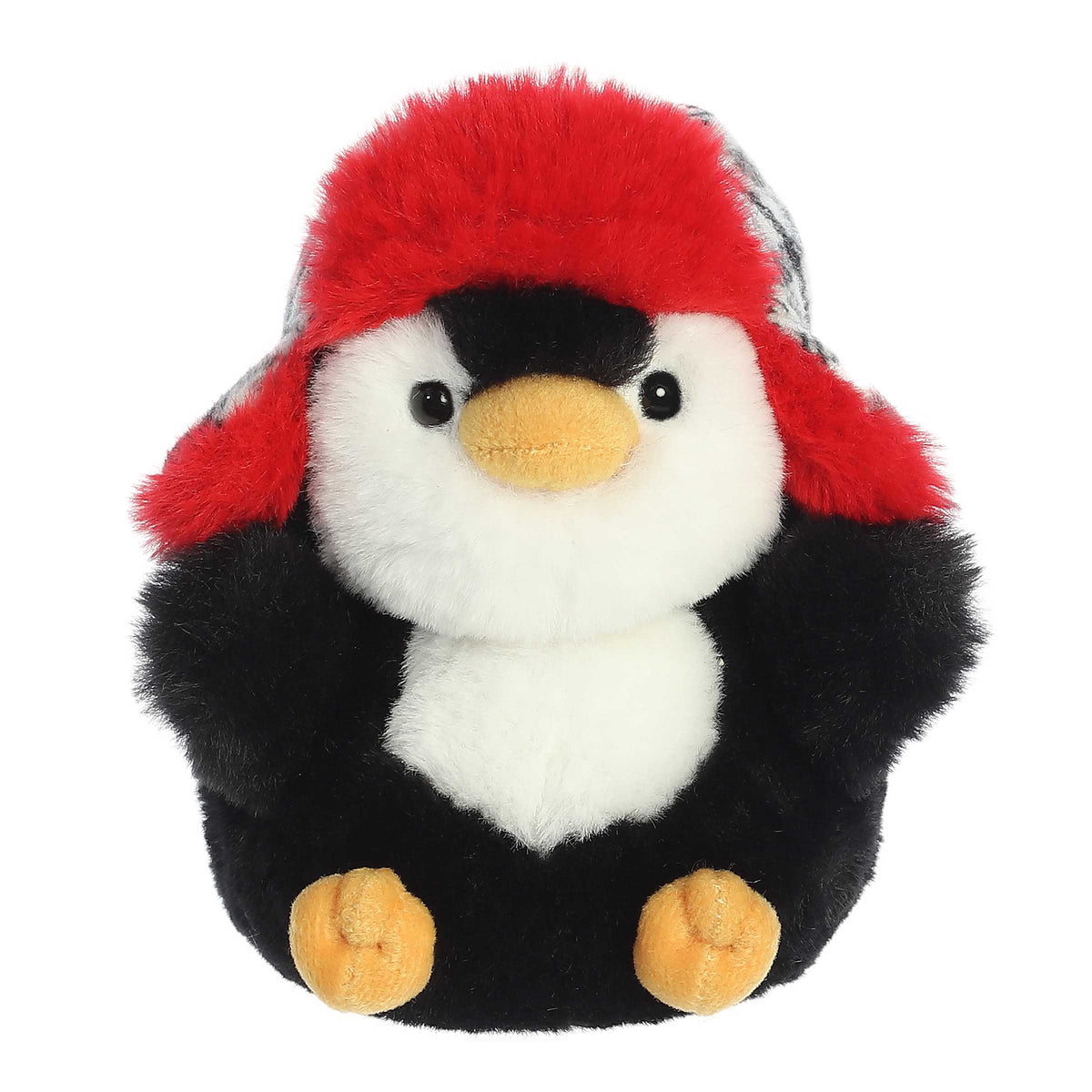 Adorable black penguin with yellow accents on the beak and stubby feet wearing a red and plaid hunters hat