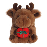 Adorable brown moose with darker antlers, stubby hands and feet while holding a red present with a green bow