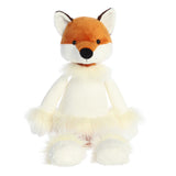 Orange fox stuffed animal with huggable long arms and legs, dressed in all-white with fuzzy fur on the cuffs and collar
