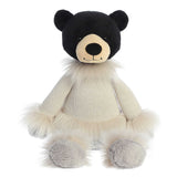 Black bear stuffed animal with huggable long arms and legs, dressed in grey with fuzzy fur on the cuffs and collar