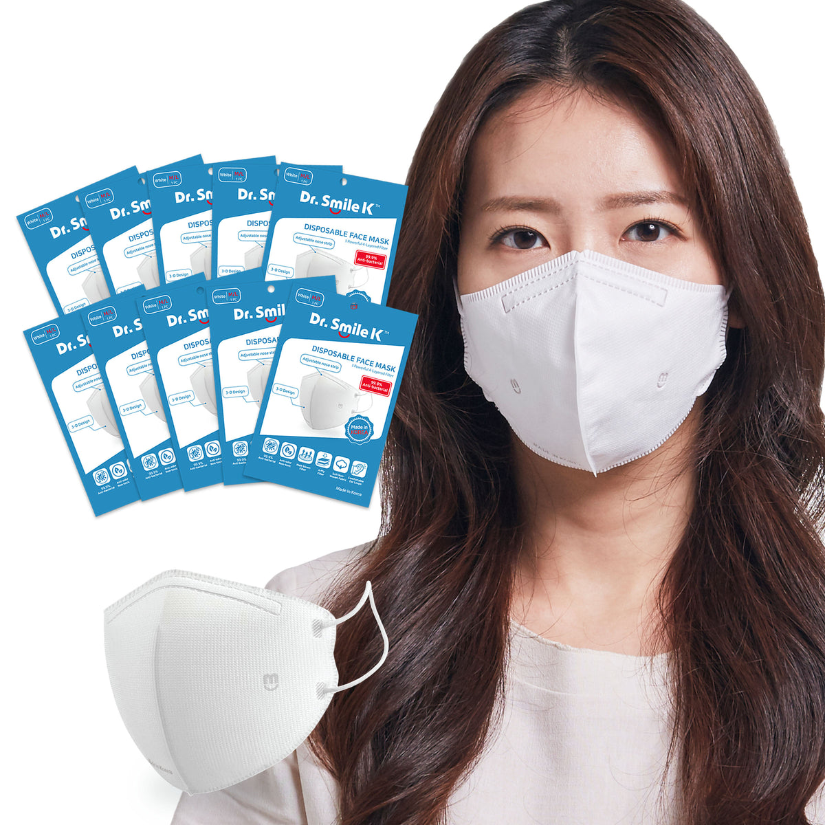 Aurora® - Dr. Smile K - Paquete de 10 mascarillas faciales desechables blancas - S/M